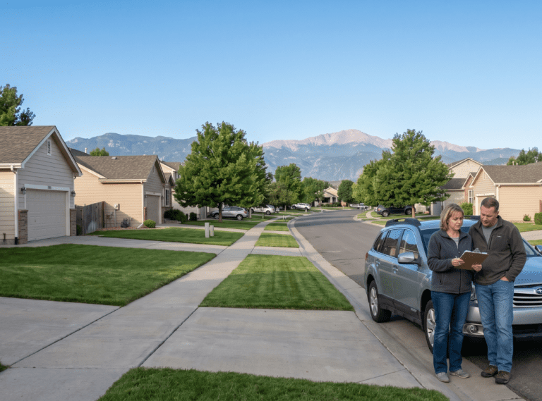 Brighton, Colorado homeowners reviewing rising property tax and cost of living documents in their driveway, with the Front Range mountains in the background.